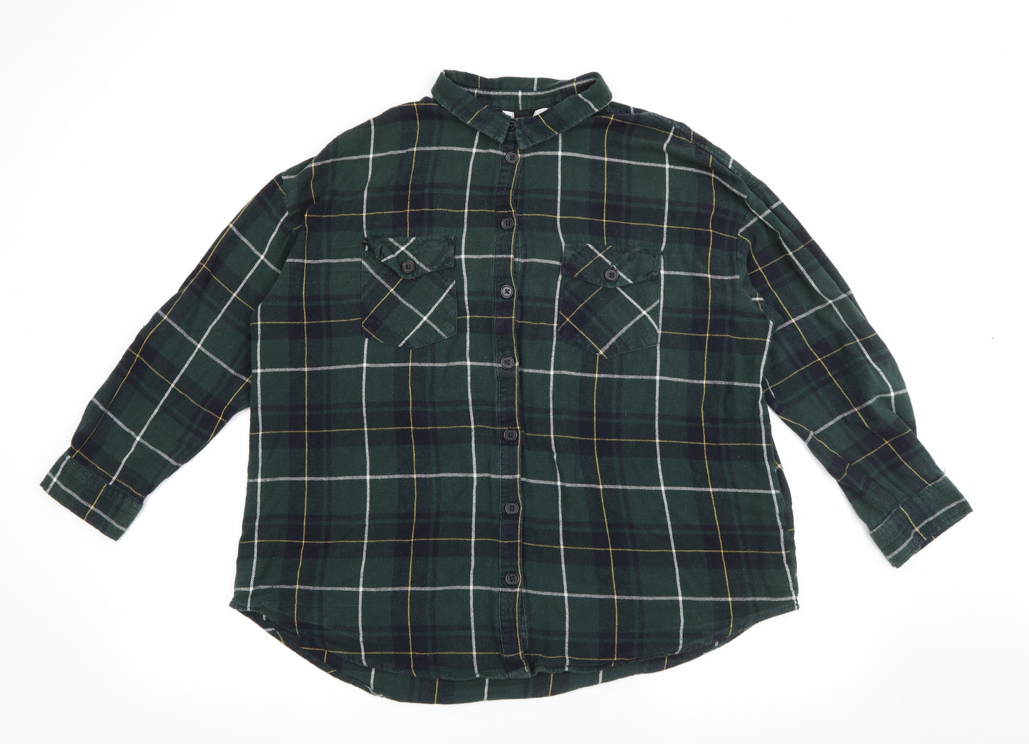 New Look Womens Green Plaid Cotton Basic Button-Up Size 16 Collared