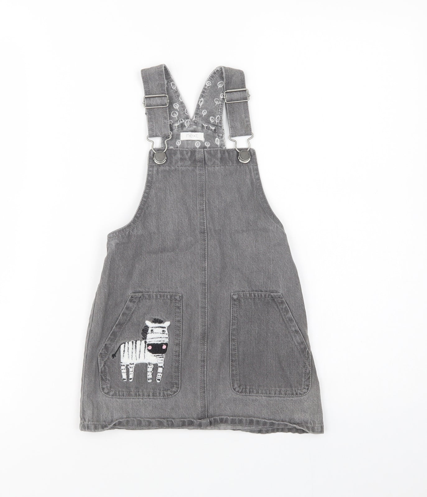 NEXT Girls Grey  Cotton Pinafore/Dungaree Dress  Size 3-4 Years  Square Neck Button - Zebra