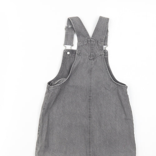 NEXT Girls Grey  Cotton Pinafore/Dungaree Dress  Size 3-4 Years  Square Neck Button - Zebra