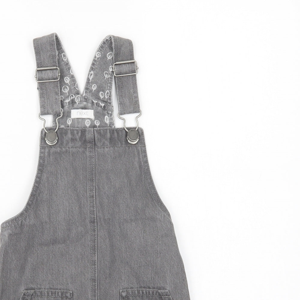 NEXT Girls Grey  Cotton Pinafore/Dungaree Dress  Size 3-4 Years  Square Neck Button - Zebra
