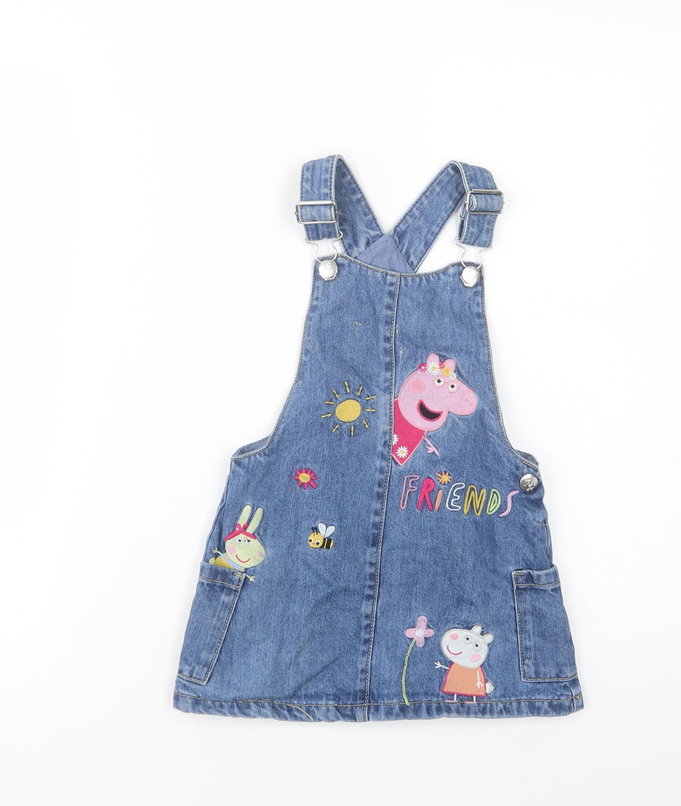 F&F Girls Blue  Cotton Pinafore/Dungaree Dress  Size 3-4 Years  Square Neck Button - Peppa Pig