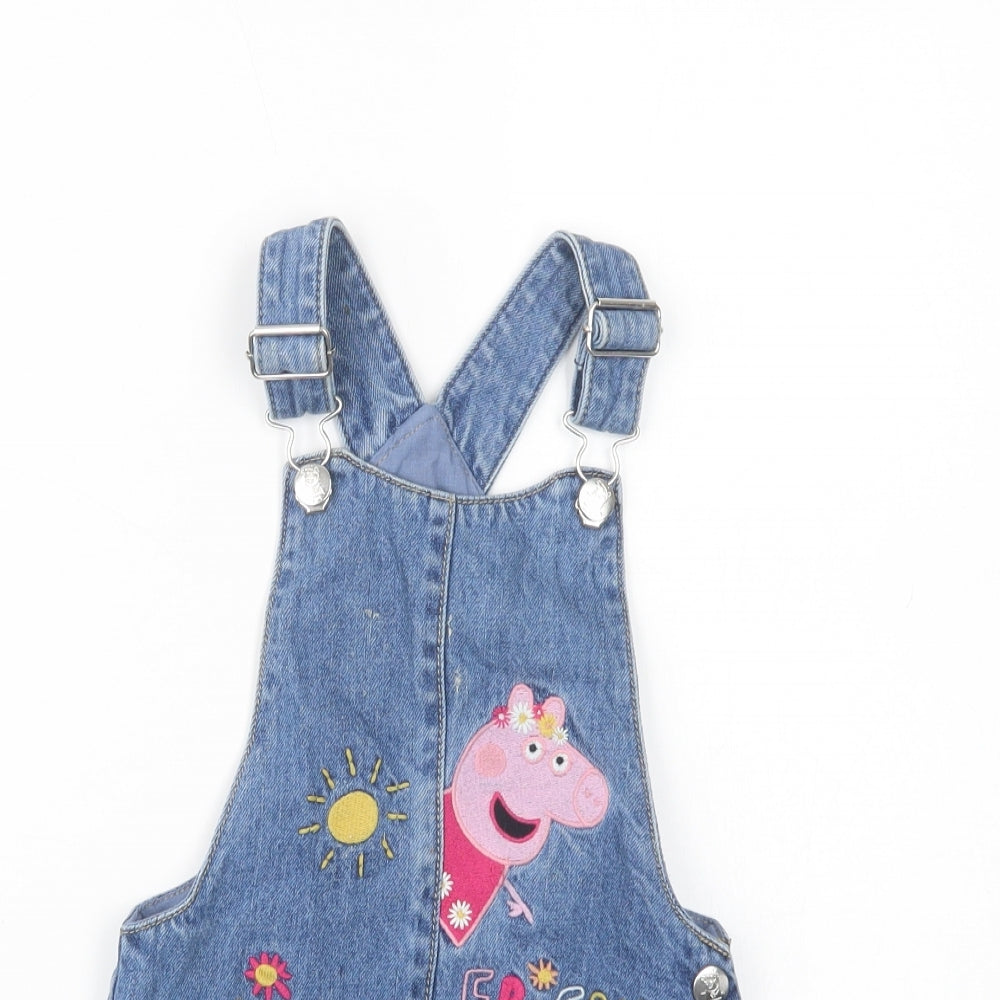 F&F Girls Blue  Cotton Pinafore/Dungaree Dress  Size 3-4 Years  Square Neck Button - Peppa Pig