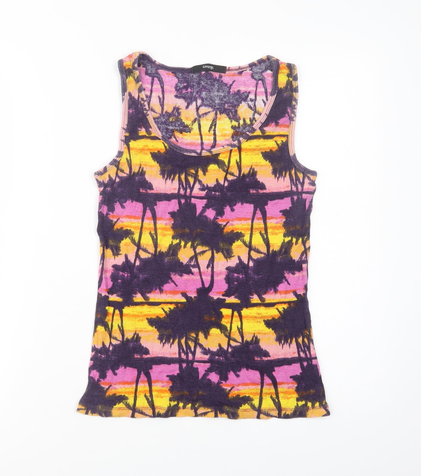 George Womens Purple Geometric Cotton Basic Tank Size 12 Scoop Neck - Palm Tree Print