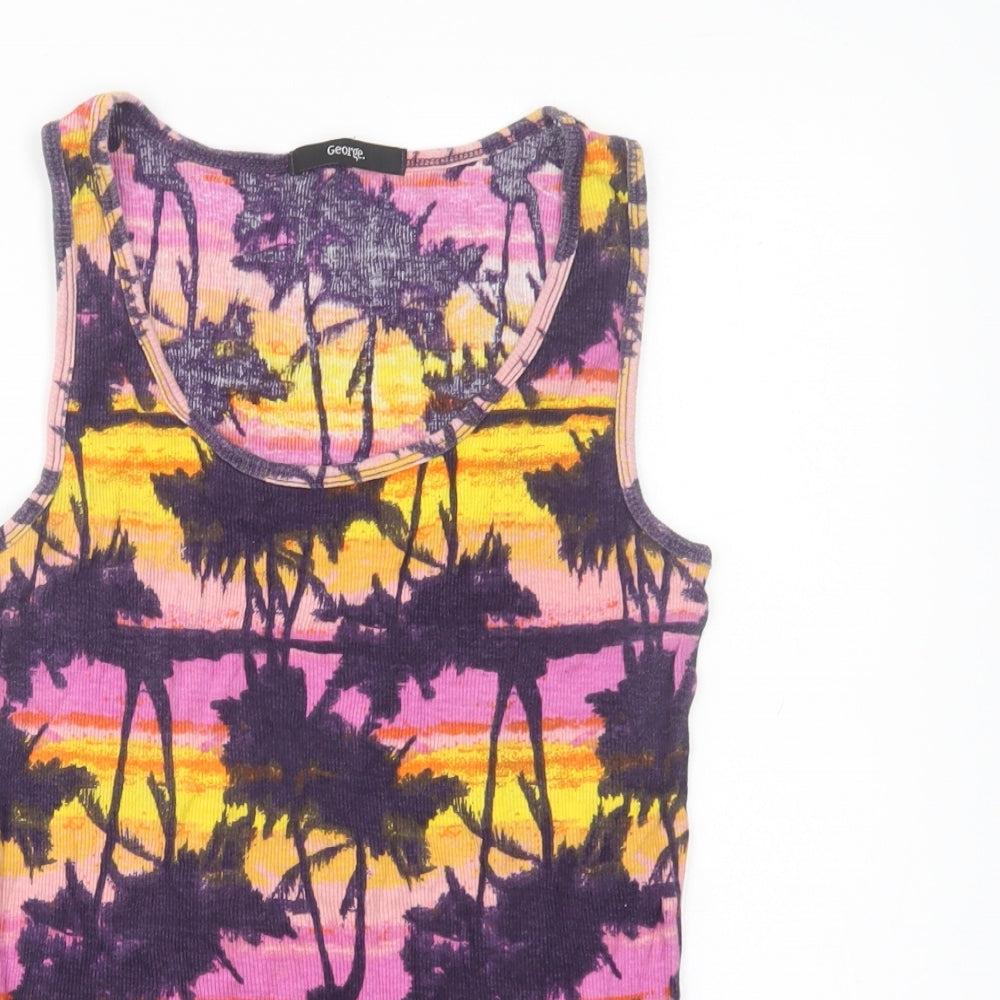 George Womens Purple Geometric Cotton Basic Tank Size 12 Scoop Neck - Palm Tree Print