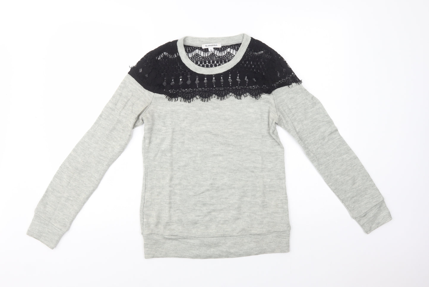 Glamorous Womens Grey Crew Neck  Acrylic Henley Jumper Size S   - Lace Detail