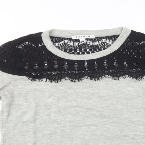 Glamorous Womens Grey Crew Neck  Acrylic Henley Jumper Size S   - Lace Detail