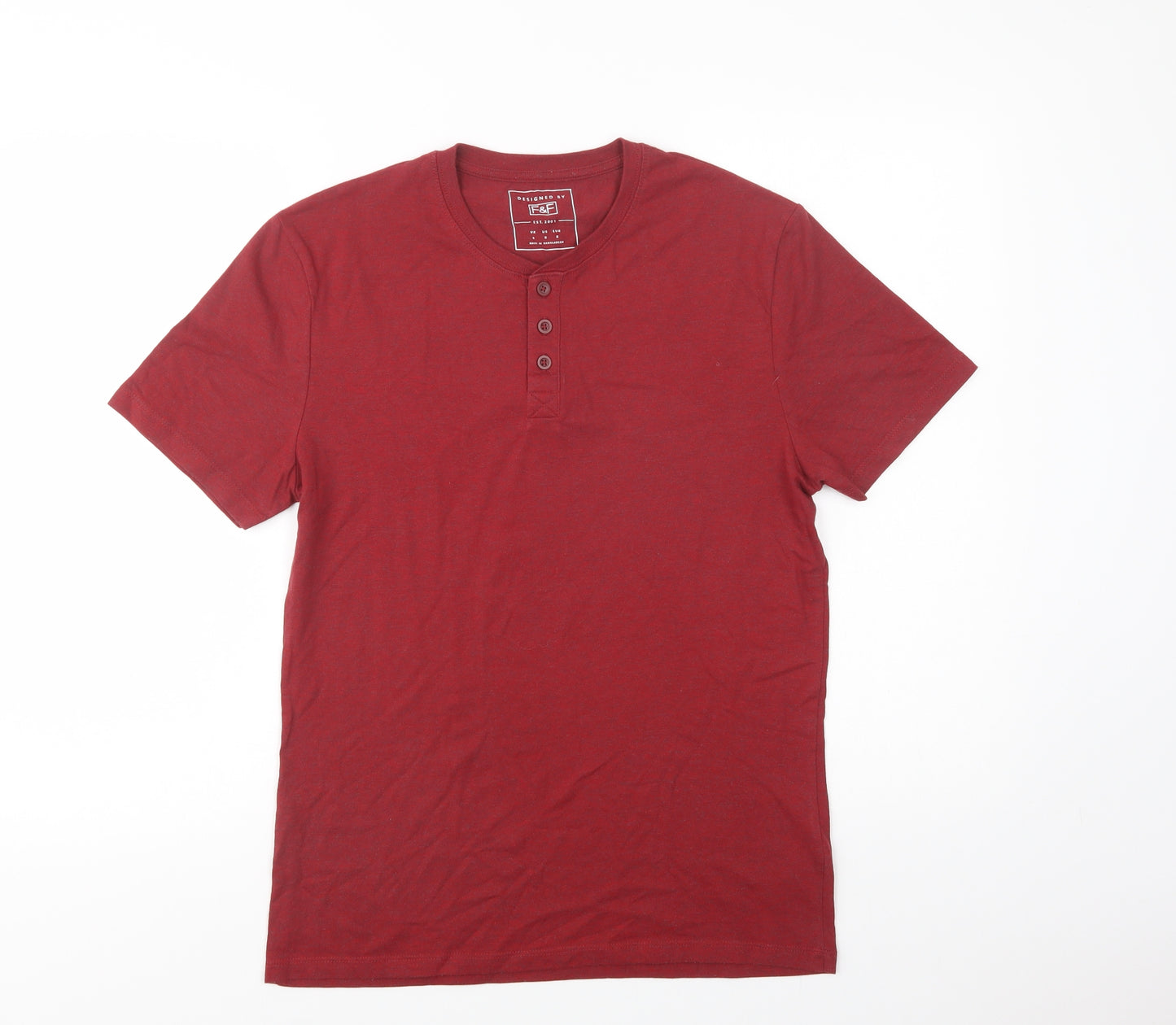 F&F Mens Red  Cotton  T-Shirt Size S Henley