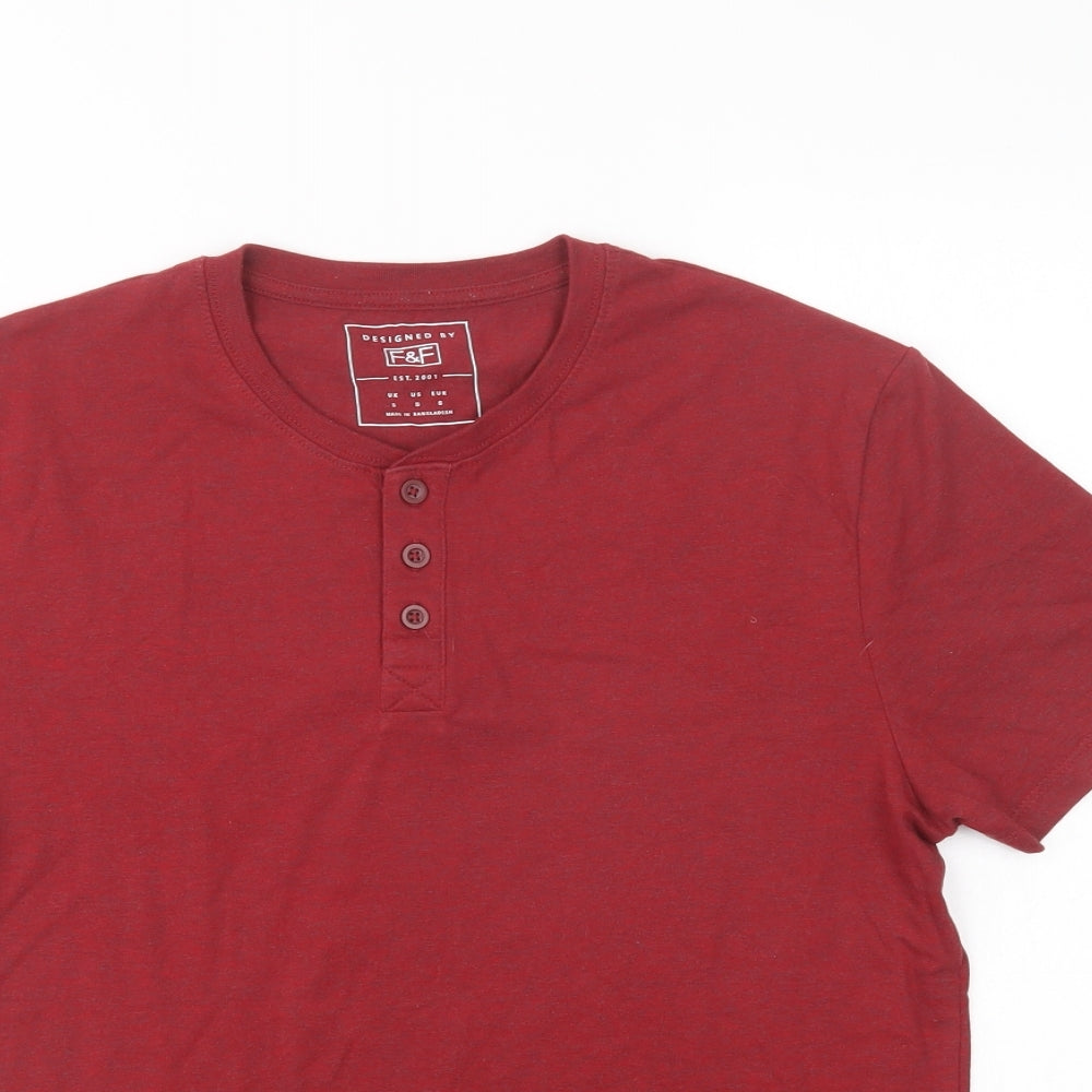 F&F Mens Red  Cotton  T-Shirt Size S Henley