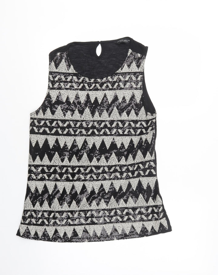 Dorothy Perkins Womens Black Geometric Viscose Basic Blouse Size 14 Scoop Neck
