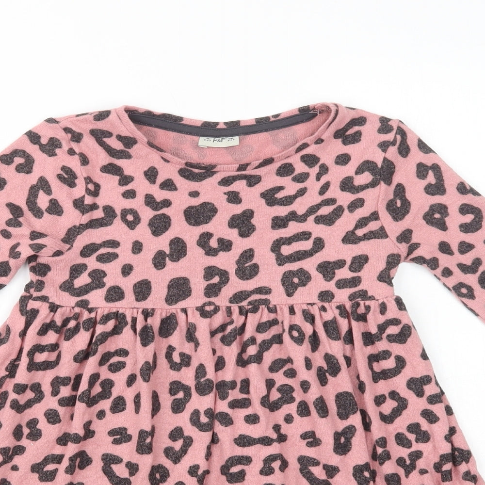 F&F Girls Pink Animal Print Viscose Skater Dress  Size 4-5 Years  Crew Neck Pullover