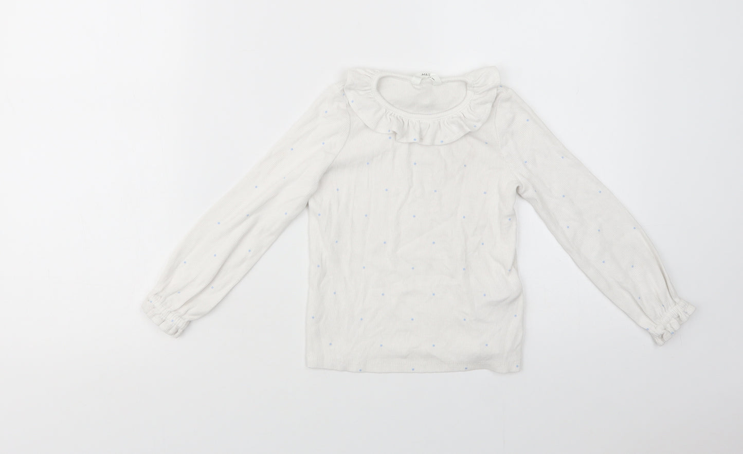 Marks and Spencer Girls White Polka Dot Cotton Basic T-Shirt Size 4-5 Years Collared Pullover