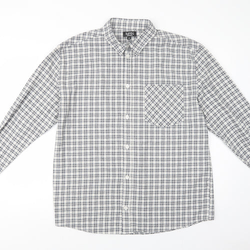 Boohoo Man Mens Grey Plaid Cotton  Button-Up Size M Collared Button