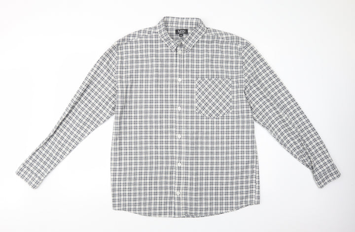 Boohoo Man Mens Grey Plaid Cotton  Button-Up Size M Collared Button