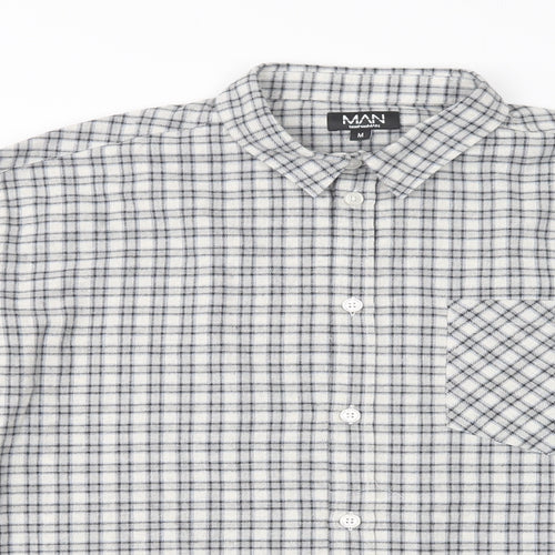 Boohoo Man Mens Grey Plaid Cotton  Button-Up Size M Collared Button