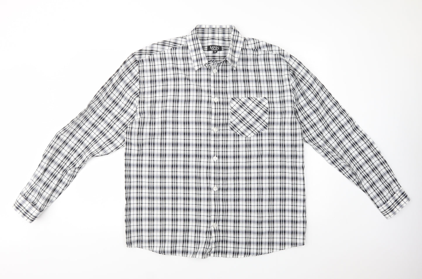 Boohoo Man Mens Grey Plaid Cotton  Button-Up Size M Collared Button