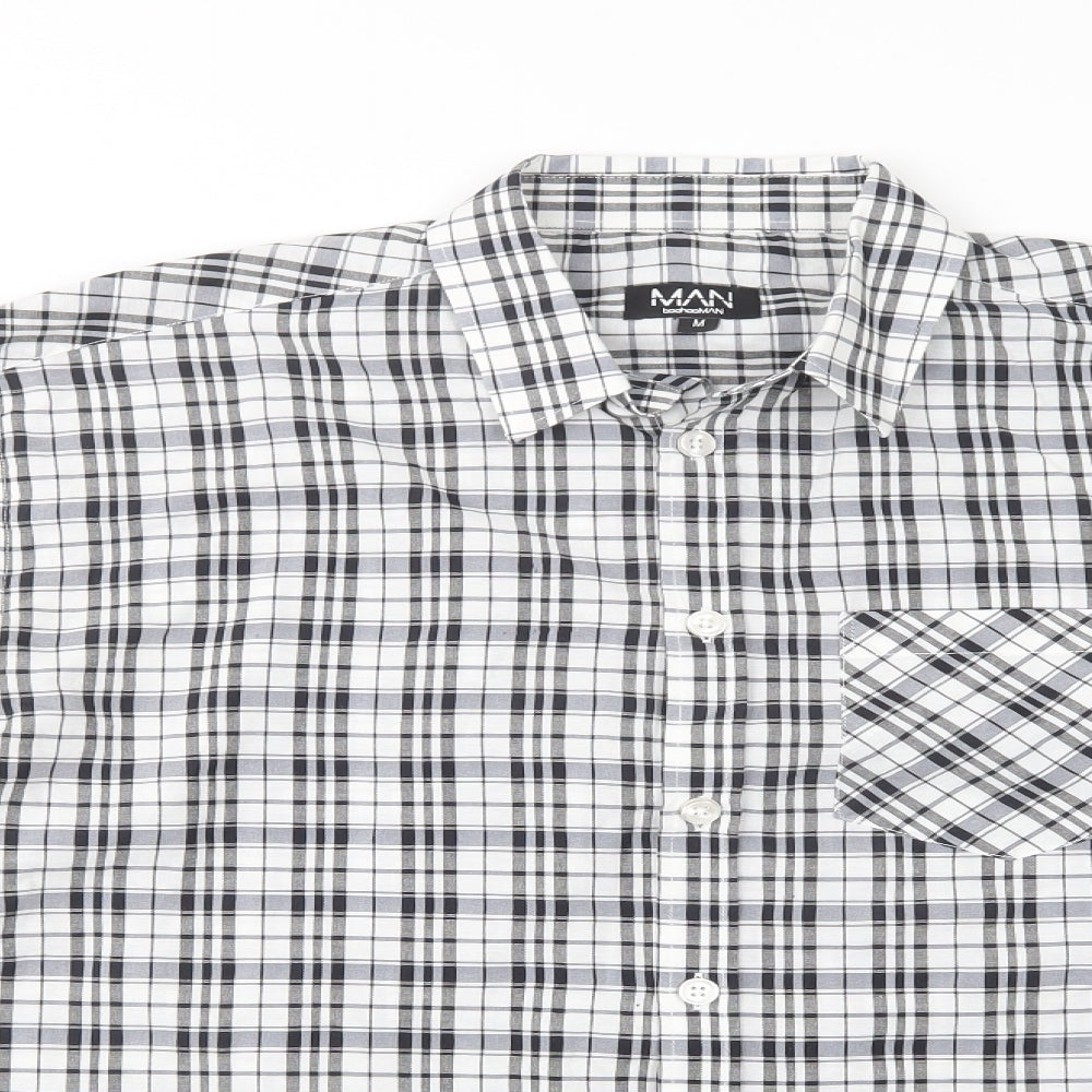 Boohoo Man Mens Grey Plaid Cotton  Button-Up Size M Collared Button