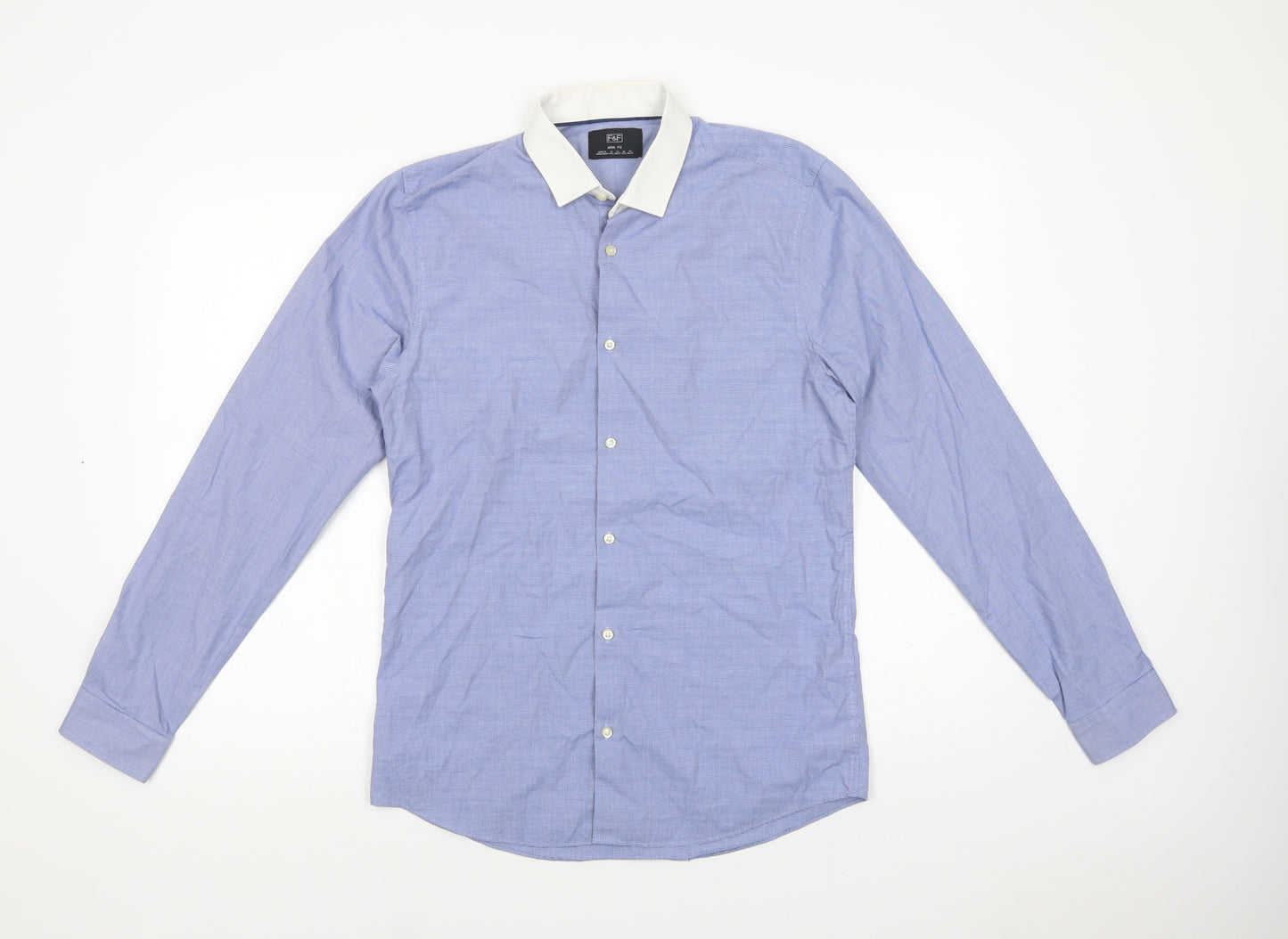 F&F Mens Blue  Cotton  Dress Shirt Size 14.5 Collared Button