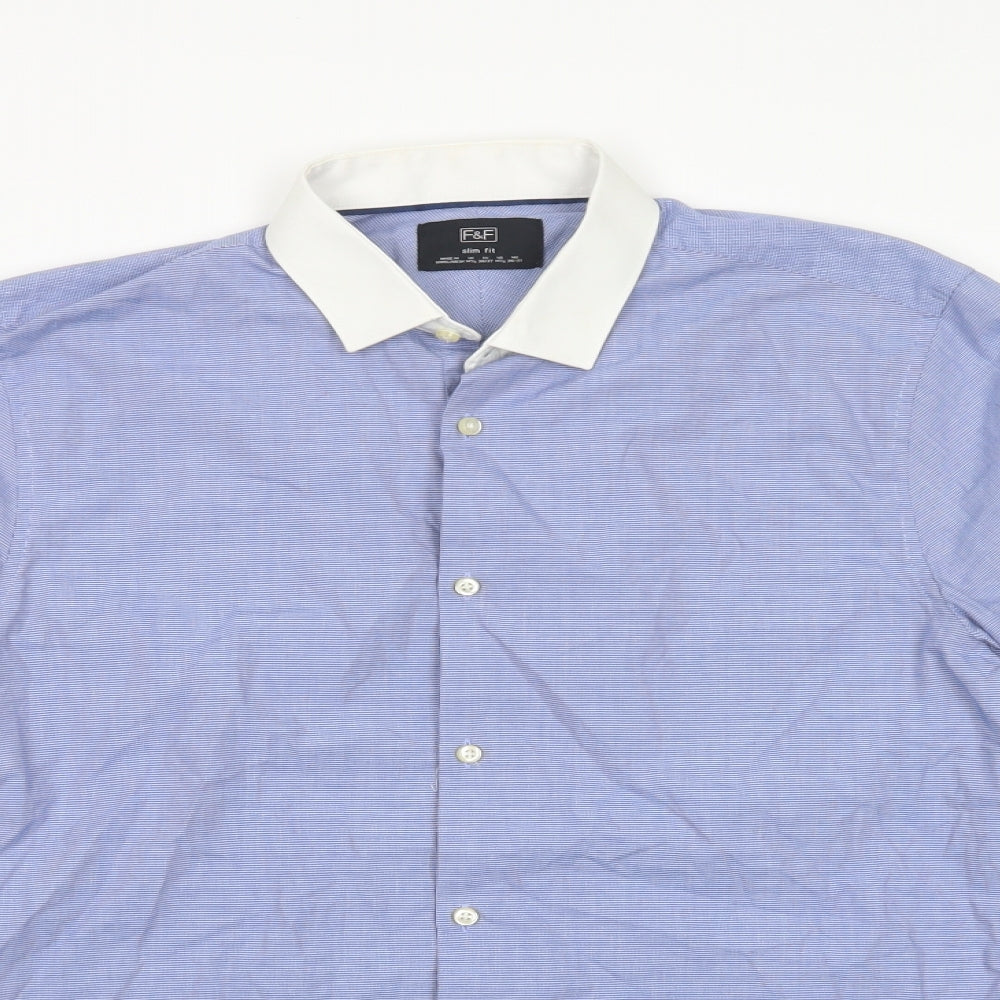 F&F Mens Blue  Cotton  Dress Shirt Size 14.5 Collared Button