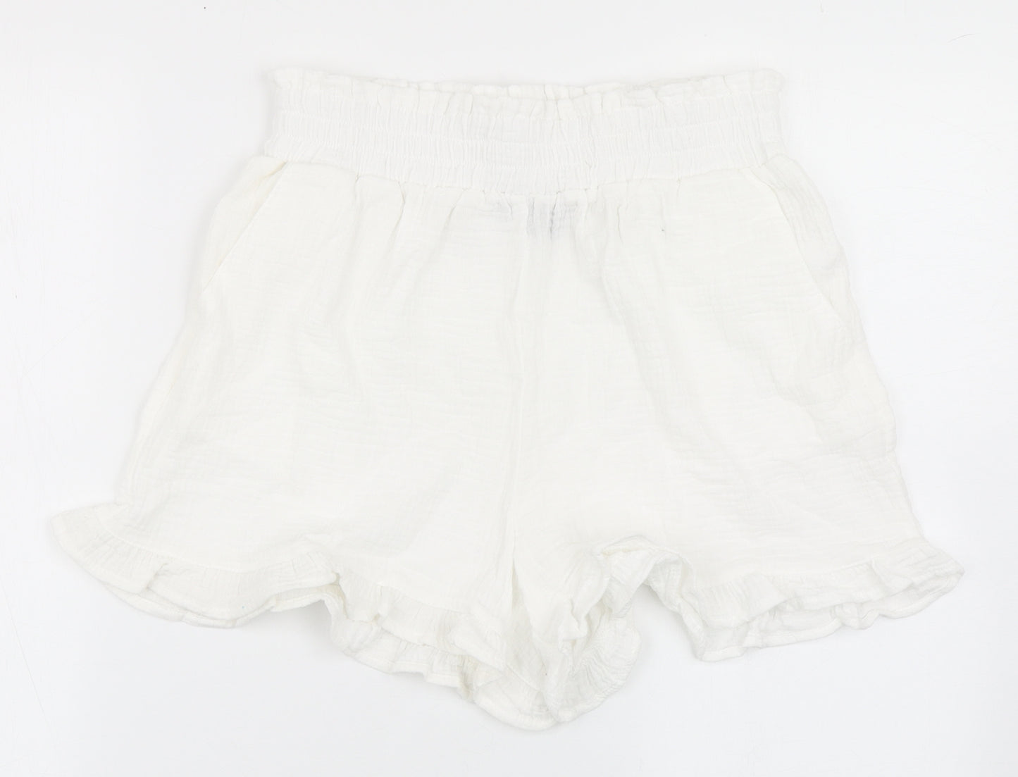 Primark Womens White  100% Cotton Paperbag Shorts Size 10  Regular Pull On