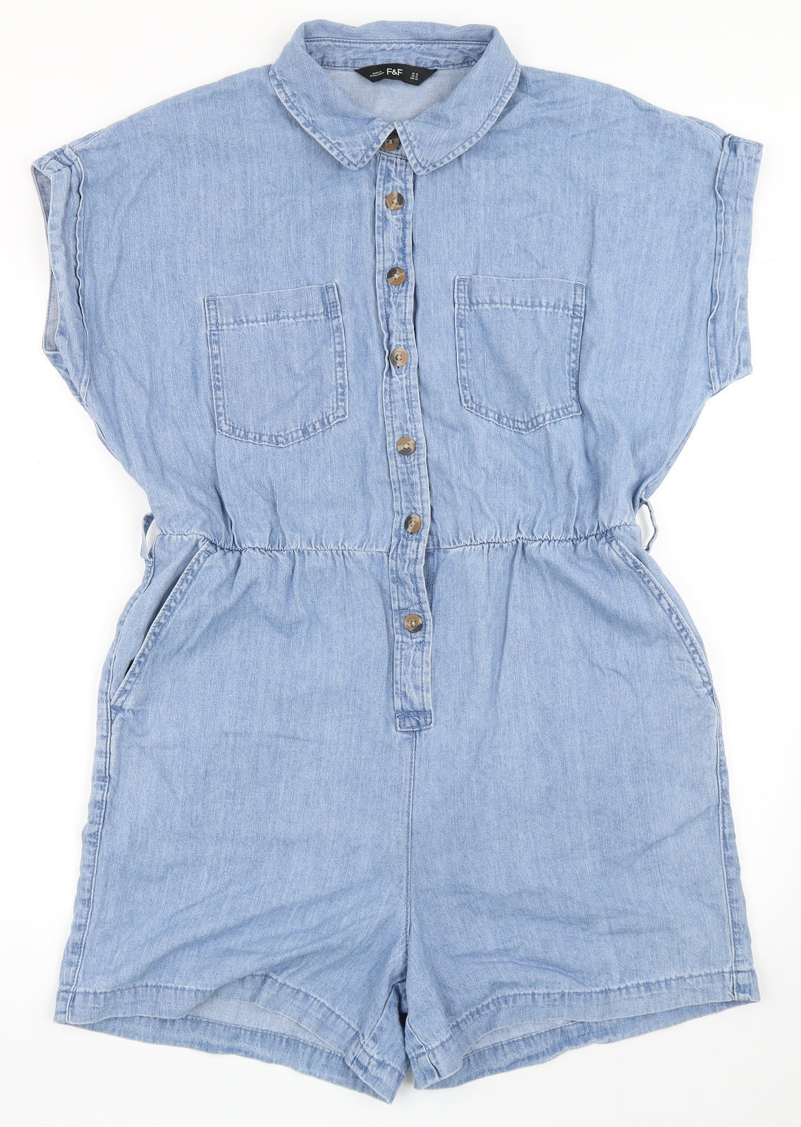 F&F Womens Blue  100% Cotton Playsuit One-Piece Size 14  Button
