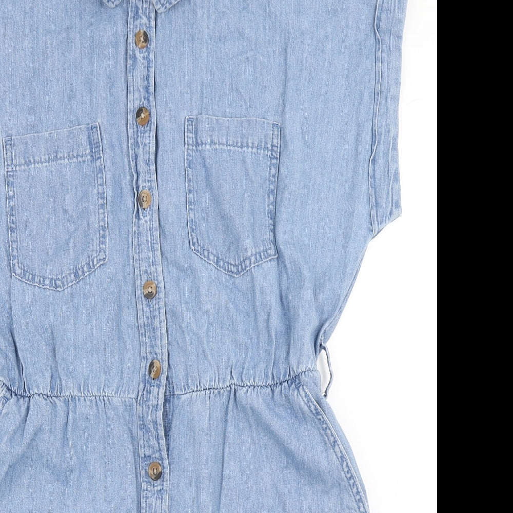F&F Womens Blue  100% Cotton Playsuit One-Piece Size 14  Button