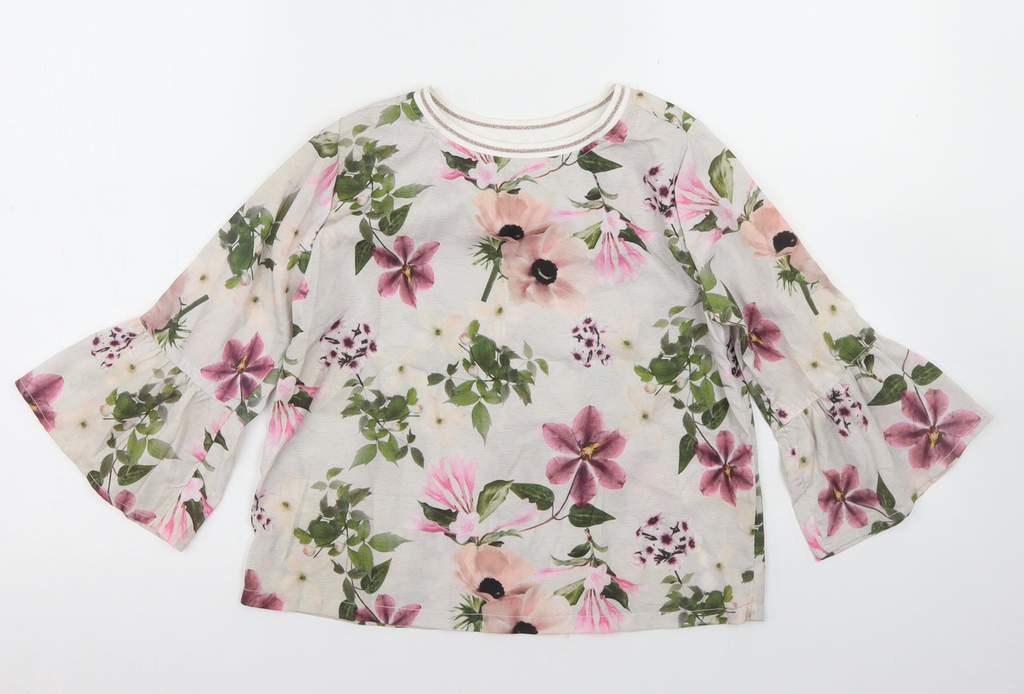 Miss E-vie Girls White Floral Polyester Basic Blouse Size 11-12 Years Crew Neck  - Bell Sleeve