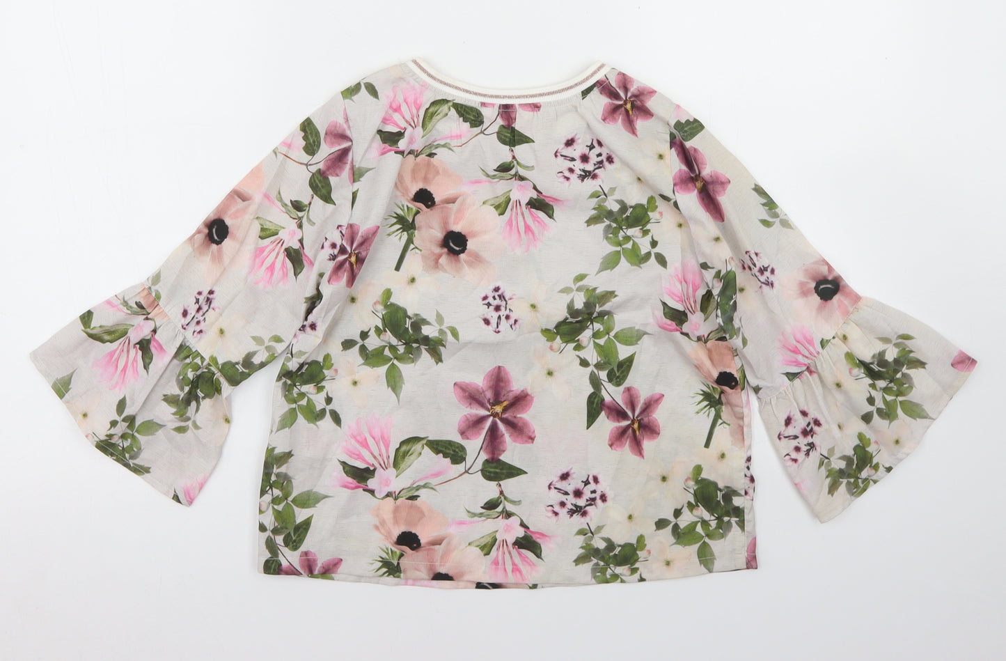 Miss E-vie Girls White Floral Polyester Basic Blouse Size 11-12 Years Crew Neck  - Bell Sleeve