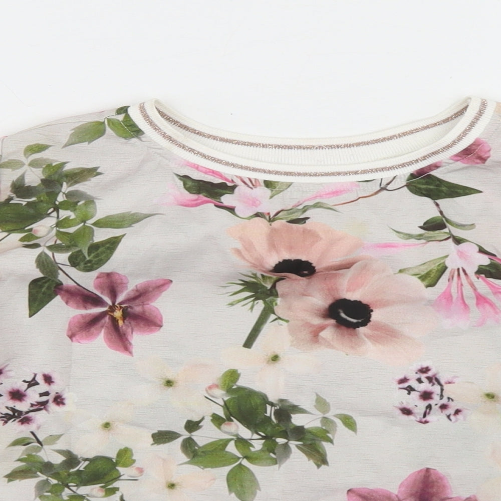 Miss E-vie Girls White Floral Polyester Basic Blouse Size 11-12 Years Crew Neck  - Bell Sleeve