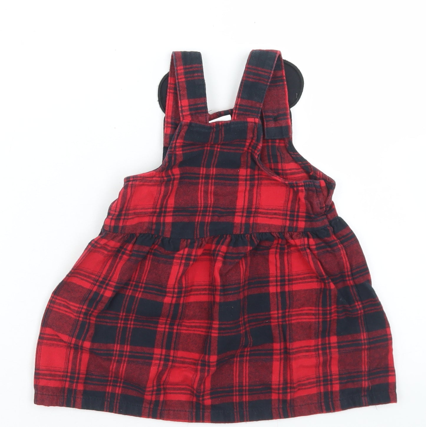 F&F Girls Red Plaid Cotton Pinafore/Dungaree Dress  Size 12-18 Months  Square Neck Button - Minnie Mouse
