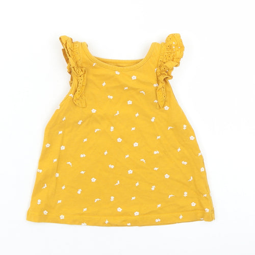 NEXT Girls Yellow Floral Cotton Basic Tank Size 9-12 Months Crew Neck
