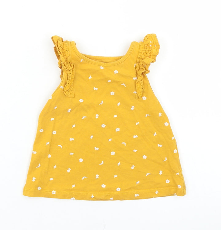 NEXT Girls Yellow Floral Cotton Basic Tank Size 9-12 Months Crew Neck