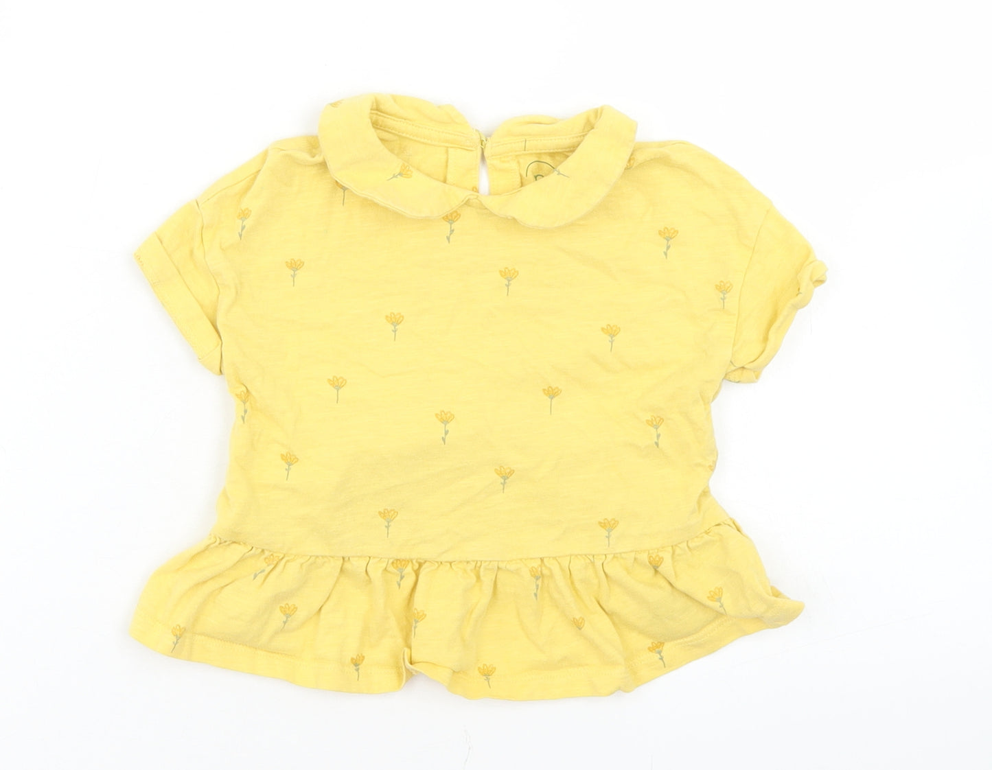 NEXT Girls Yellow Floral Cotton Basic T-Shirt Size 12-18 Months Collared Button - Peplum