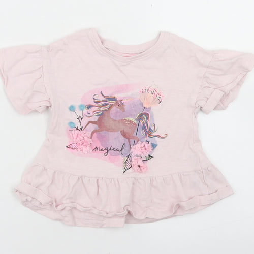 NEXT Girls Pink  Cotton Basic T-Shirt Size 12-18 Months Crew Neck  - Unicorn, Peplum