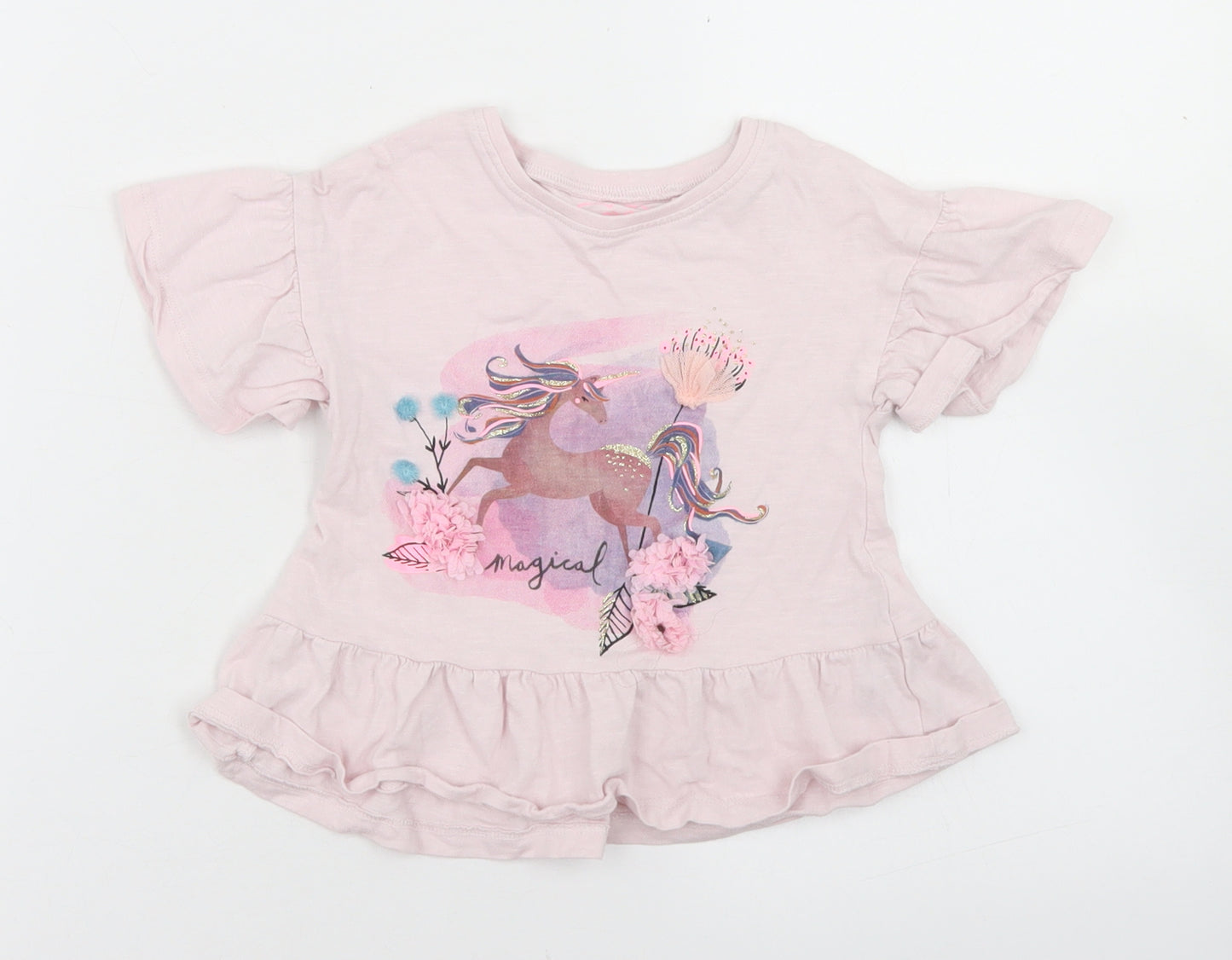 NEXT Girls Pink  Cotton Basic T-Shirt Size 12-18 Months Crew Neck  - Unicorn, Peplum