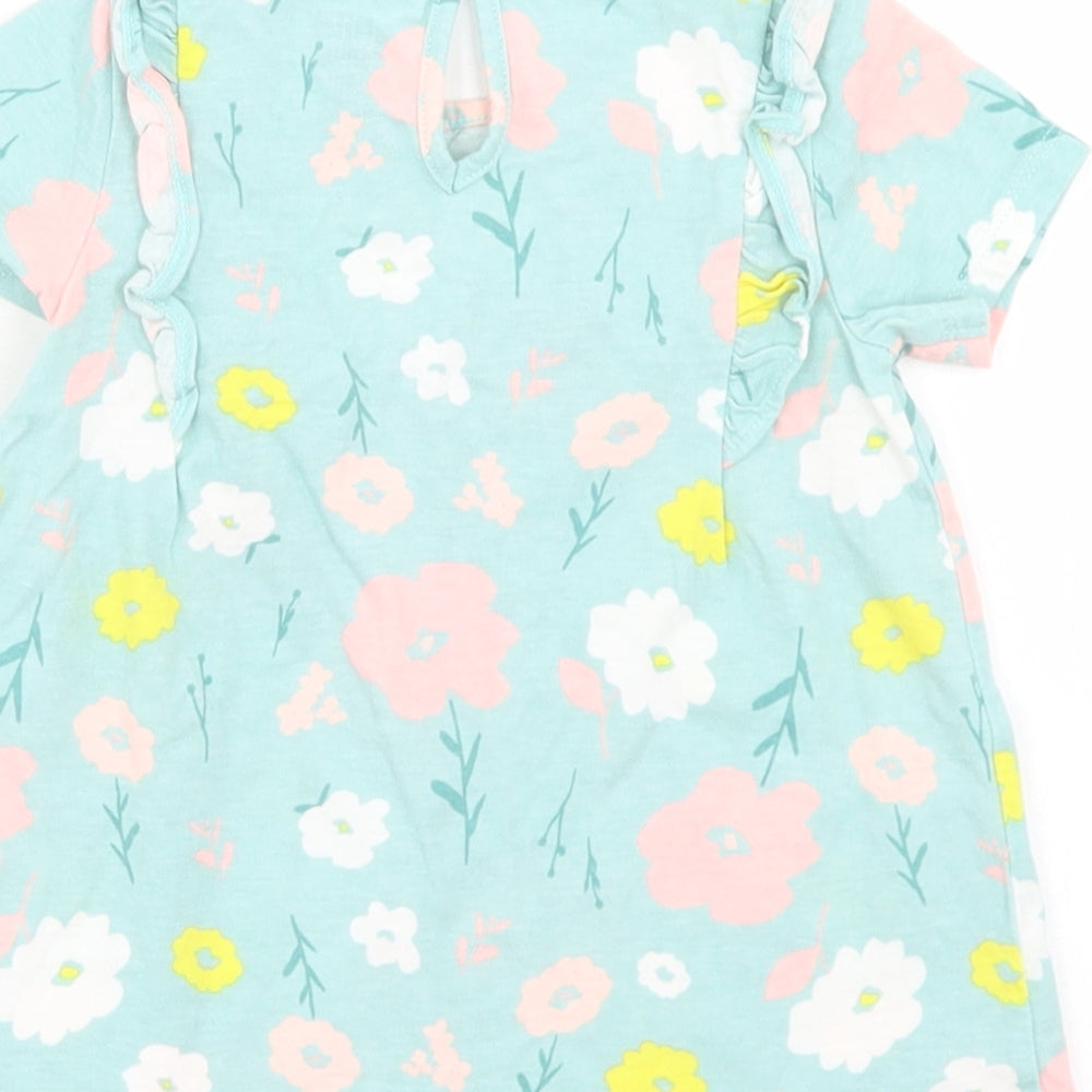 Carter's Girls Blue Floral Cotton Basic T-Shirt Size 18-24 Months Crew Neck Button