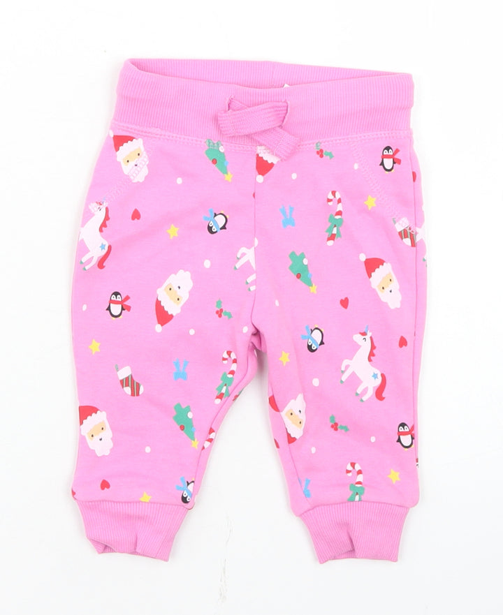 Dunnes Stores Girls Pink Geometric Cotton Jogger Trousers Size 3-6 Months Drawstring - Christmas Doodles