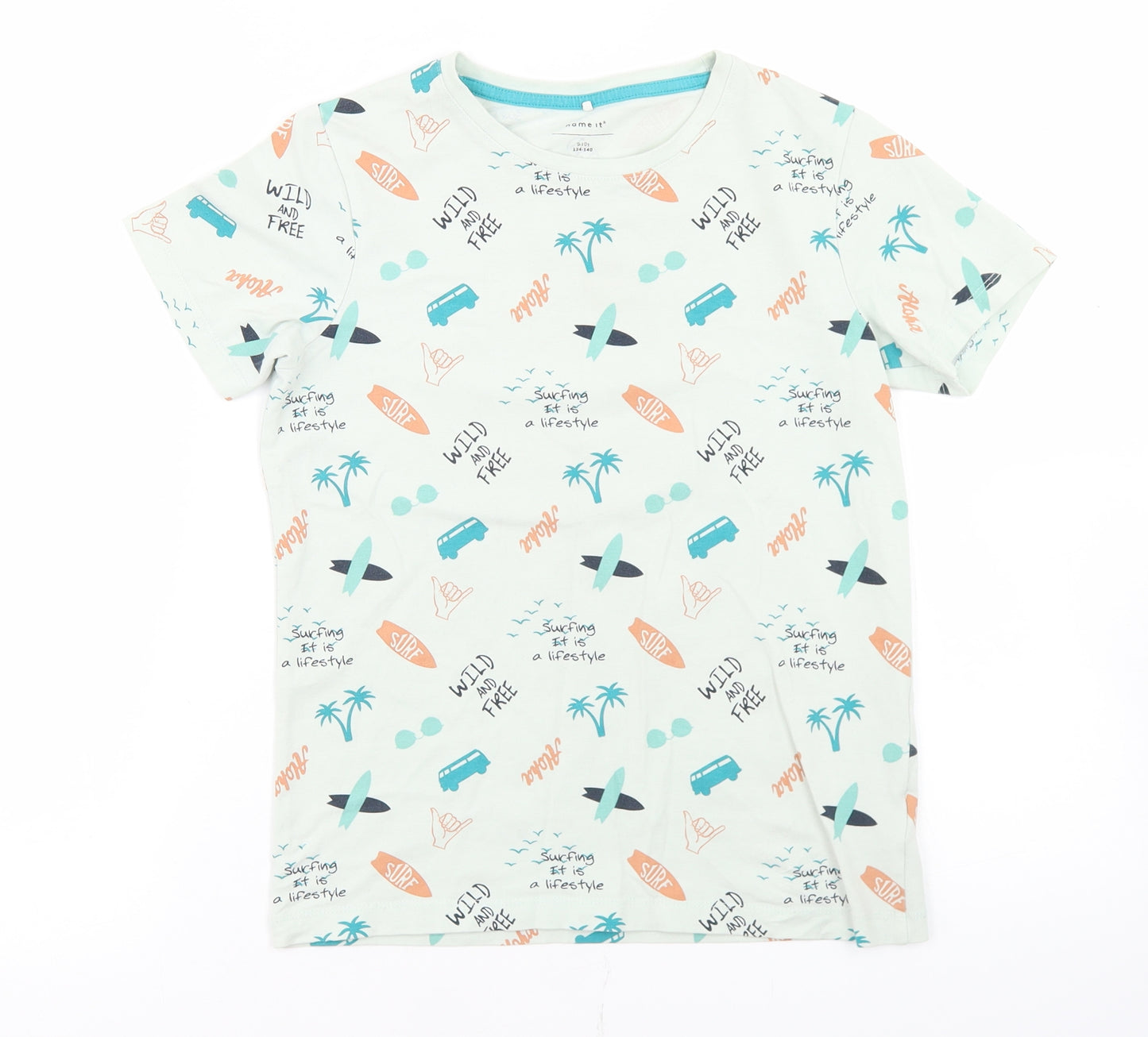 name it Boys Blue Geometric Cotton Basic T-Shirt Size 9-10 Years Crew Neck  - Surfing