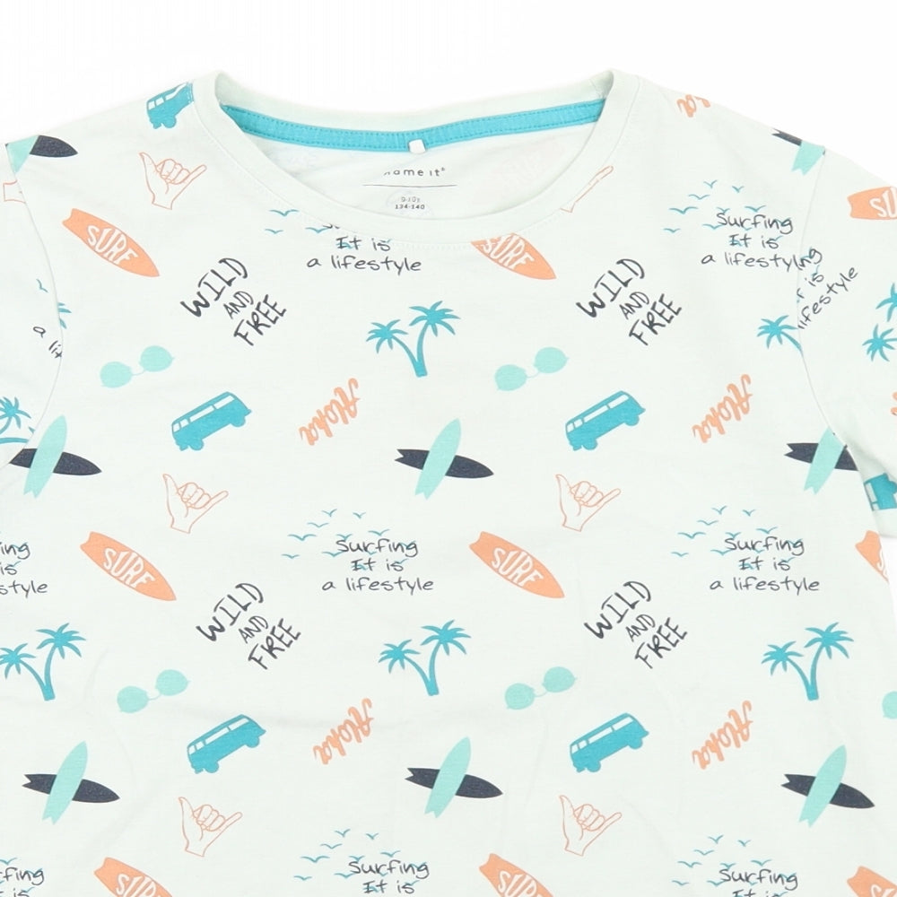 name it Boys Blue Geometric Cotton Basic T-Shirt Size 9-10 Years Crew Neck  - Surfing