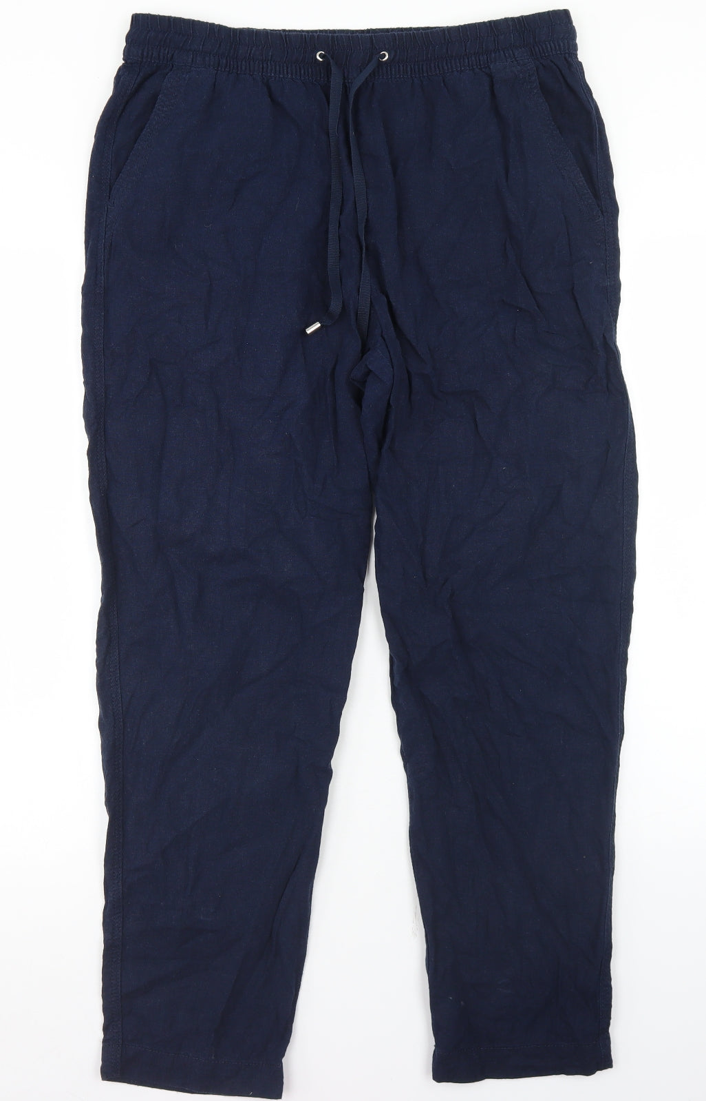 Marks and Spencer Womens Blue  Linen Pedal Pusher Trousers Size 14 L27 in Regular Drawstring