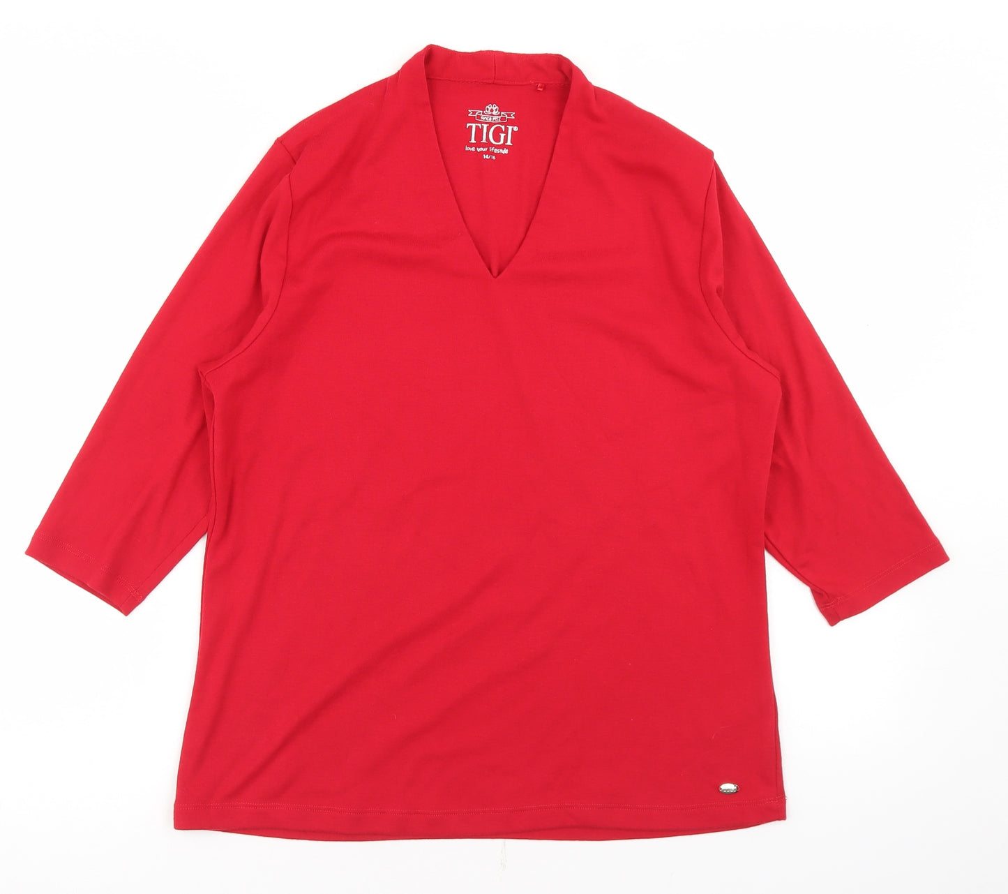 Tigi Womens Red  Polyester Basic T-Shirt Size 14 V-Neck