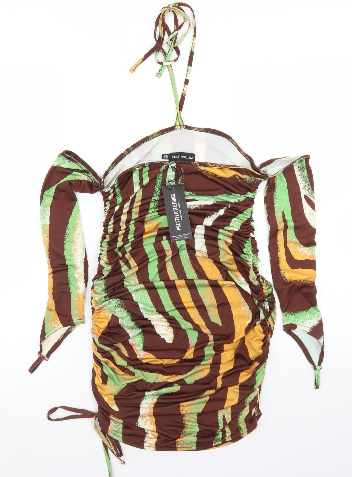 PRETTYLITTLETHING Womens Brown Animal Print Polyester Bodycon  Size 10  Halter  - Glove Detail