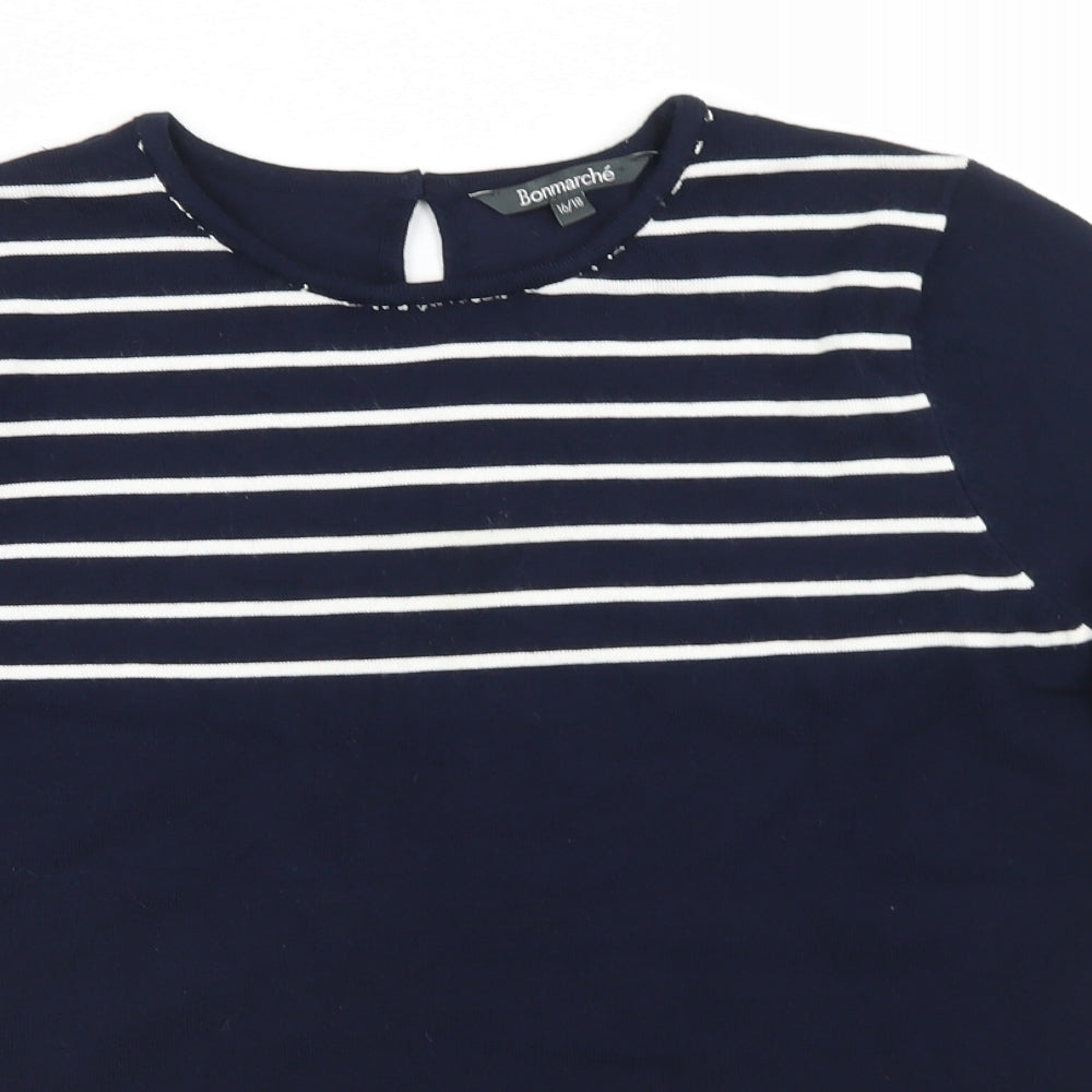 Bonmarché Womens Blue Crew Neck Striped Acrylic Pullover Jumper Size 16