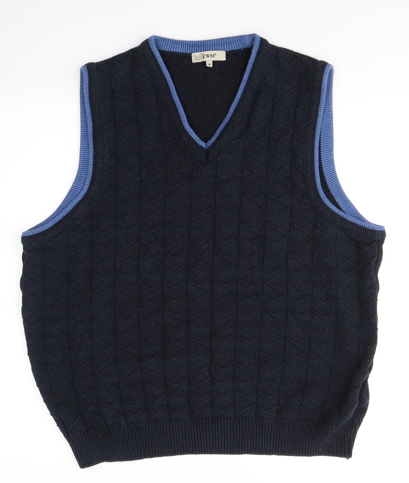 EWM Mens Blue V-Neck Geometric Acrylic Vest Jumper Size M