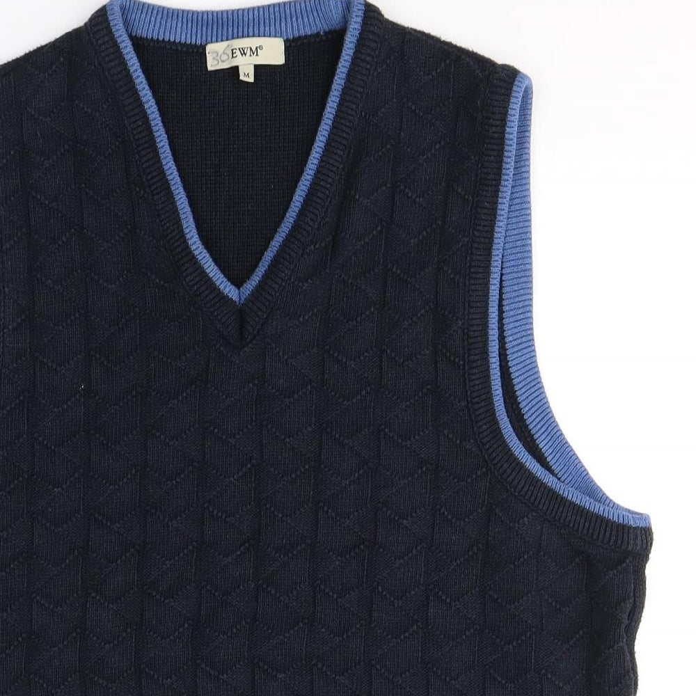 EWM Mens Blue V-Neck Geometric Acrylic Vest Jumper Size M