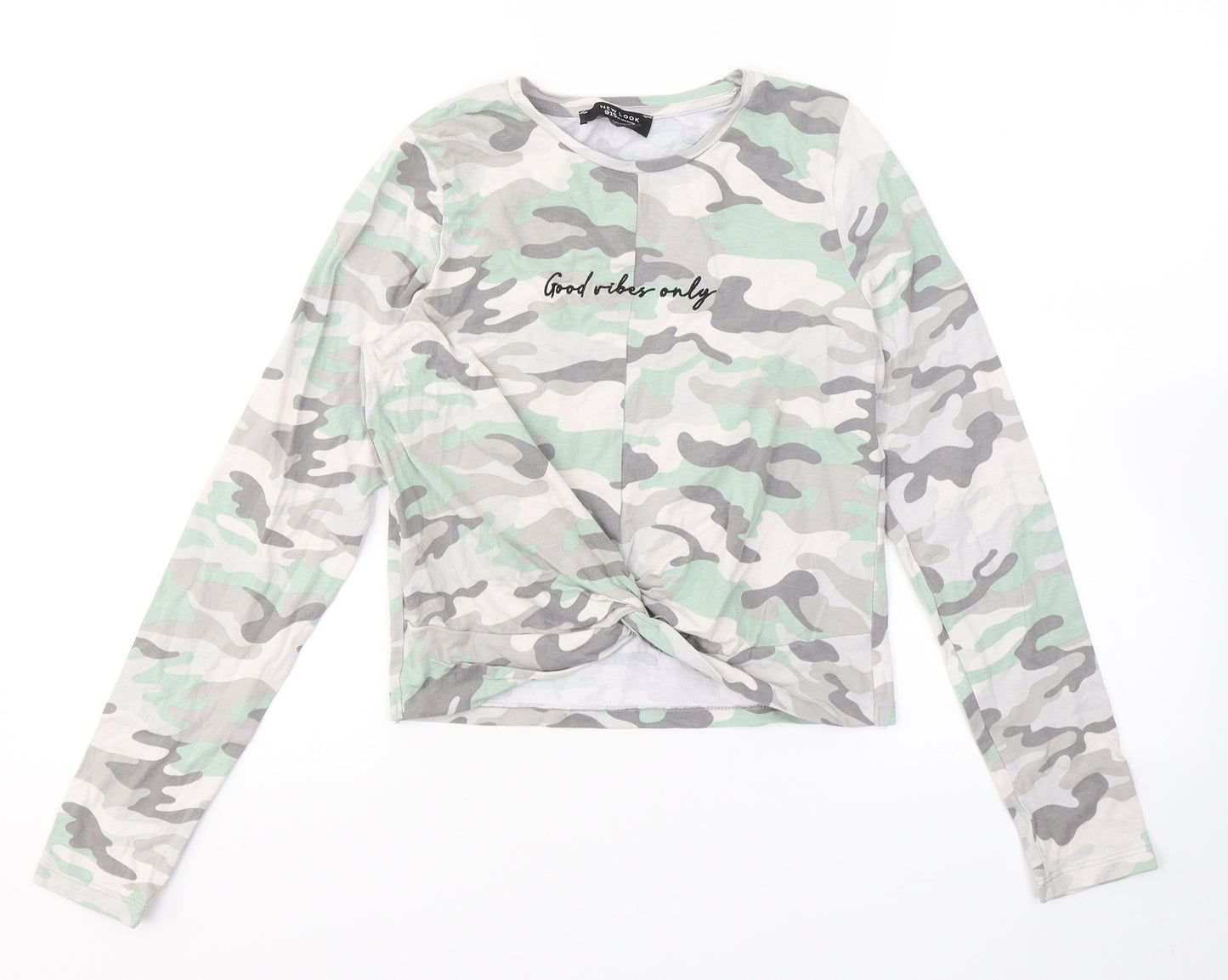 New Look Girls Grey Camouflage Cotton Jersey Casual Size 14-15 Years Round Neck Pullover - Good Vibes Only