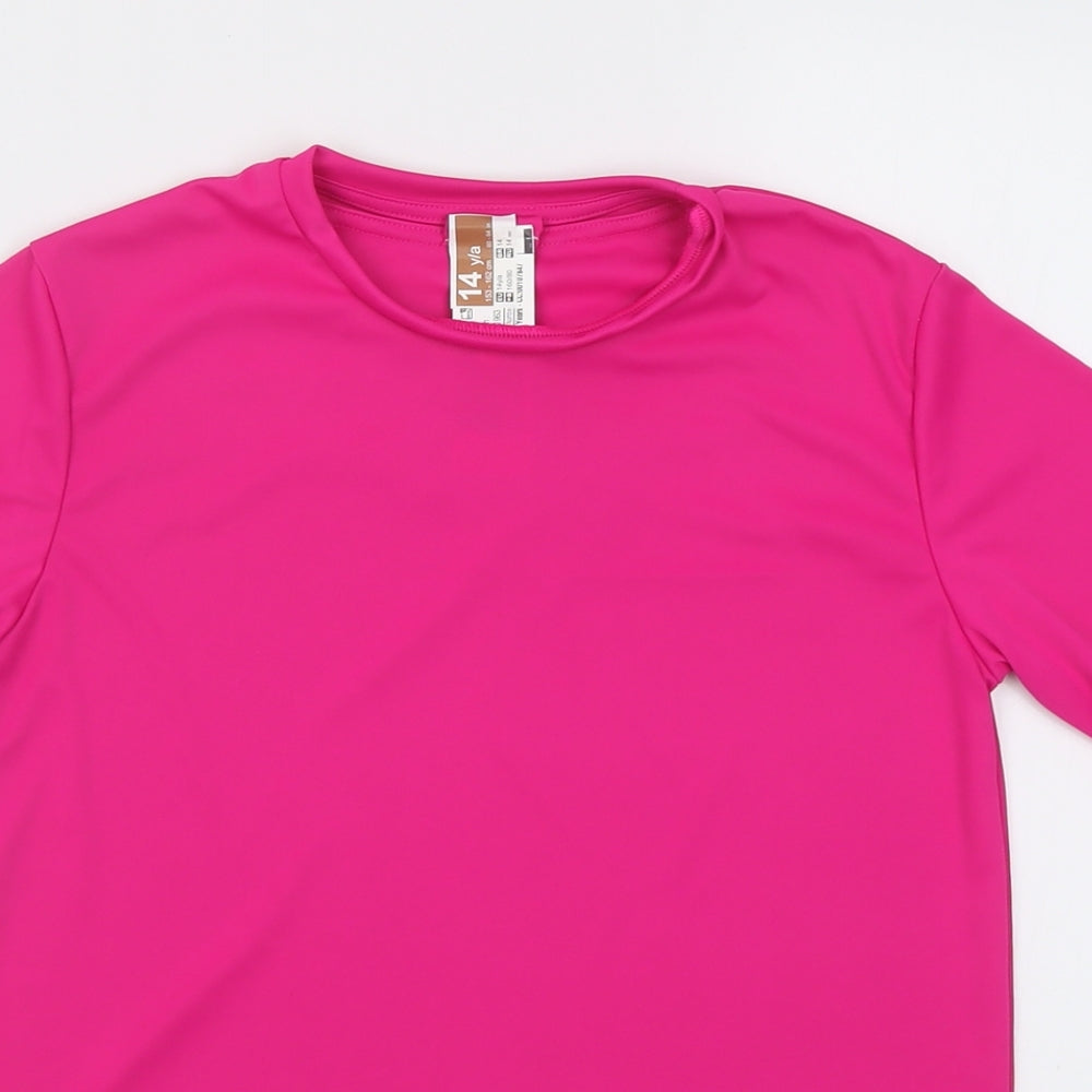 Preworn Girls Pink  Polyester Pullover T-Shirt Size 14 Years Crew Neck Pullover