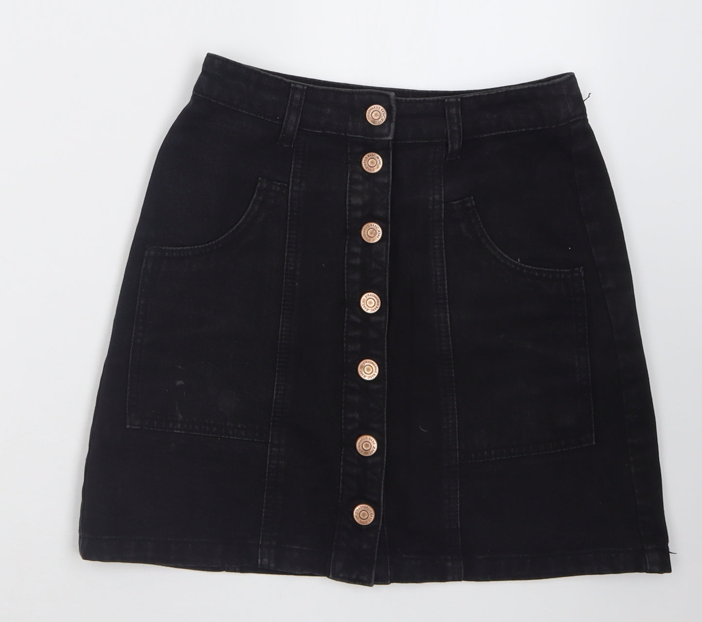 Stradivarius Womens Black  Cotton A-Line Skirt Size 6   Button