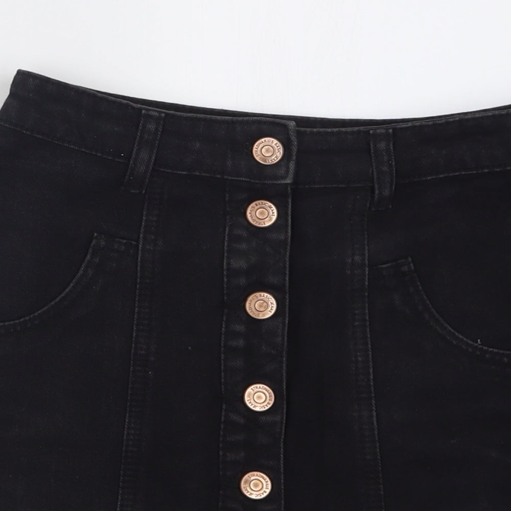 Stradivarius Womens Black  Cotton A-Line Skirt Size 6   Button