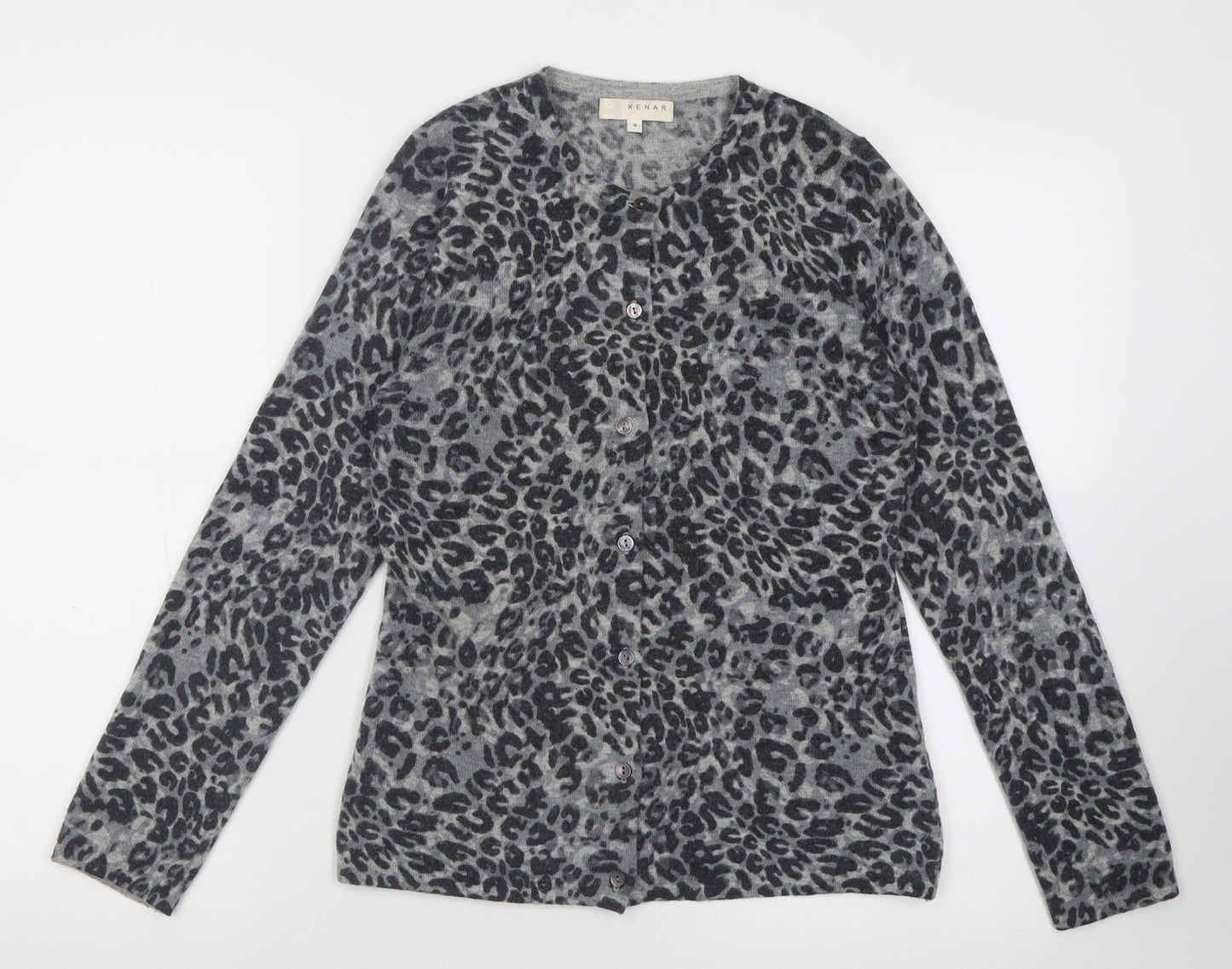 Kenar Womens Grey Crew Neck Animal Print Polyester Cardigan Jumper Size S
