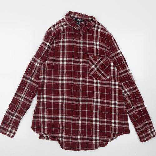 New Look Womens Red Check Cotton Basic Button-Up Size 10 Collared